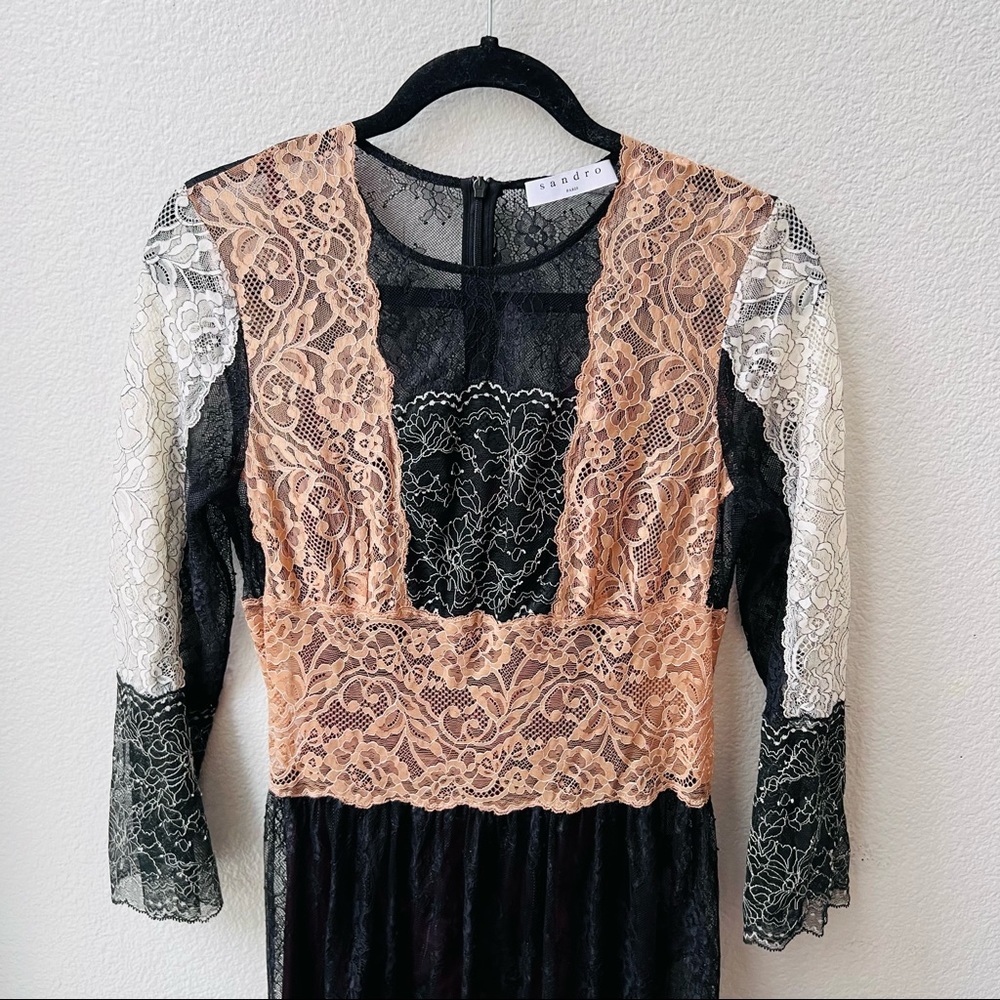 SANDRO PARIS lace overlay tan white black fitted midi dress womens 2 - Picture 5 of 8